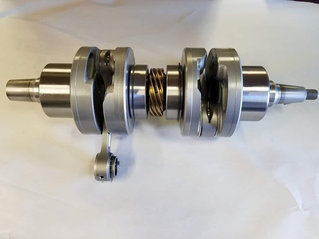 Rebuilt twin crankshaft, close up